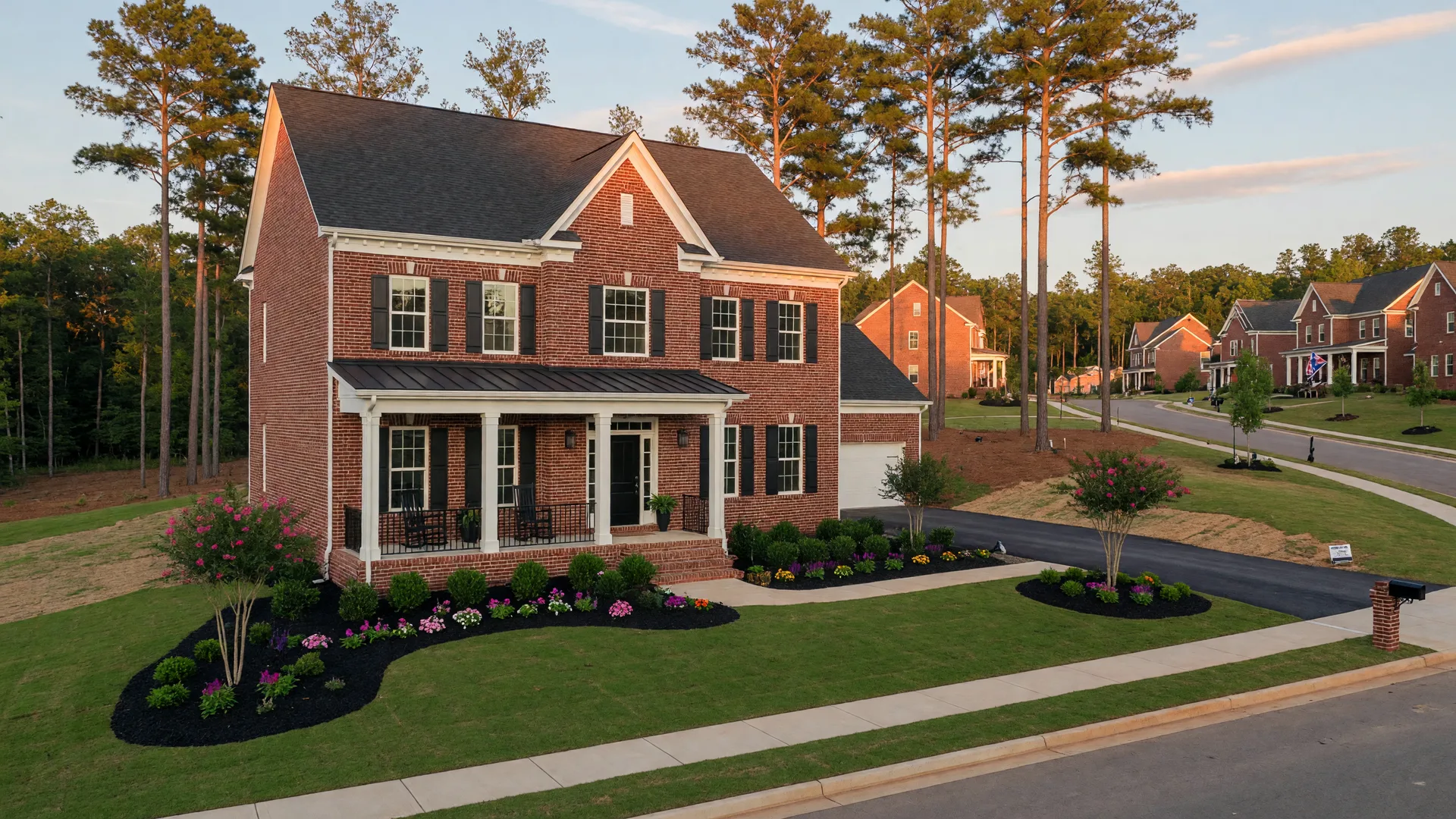New construction traditional Southern homes in the Tuscaloosa area with rolling terrain and pine trees