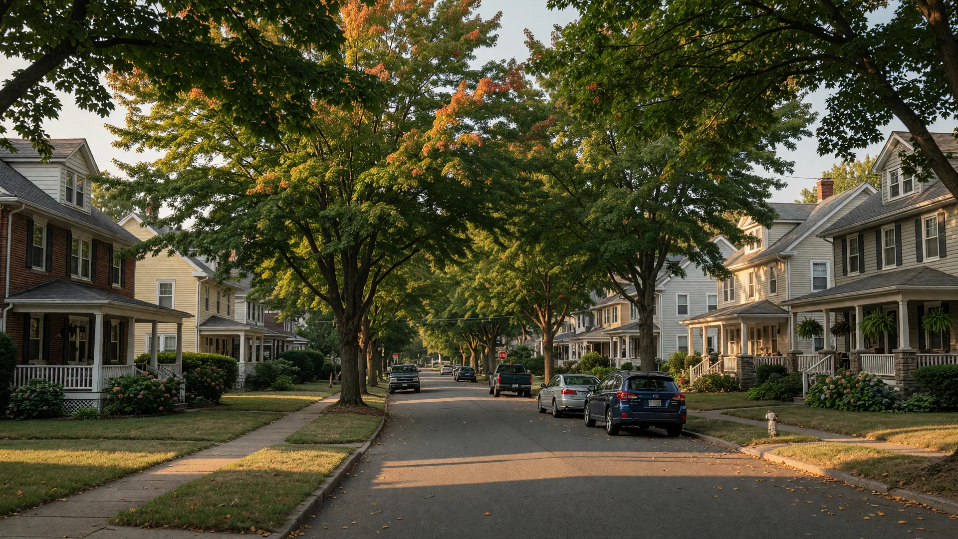Tree-lined residential street in a South Jersey suburb at the end of summer with the first hints of autumn color