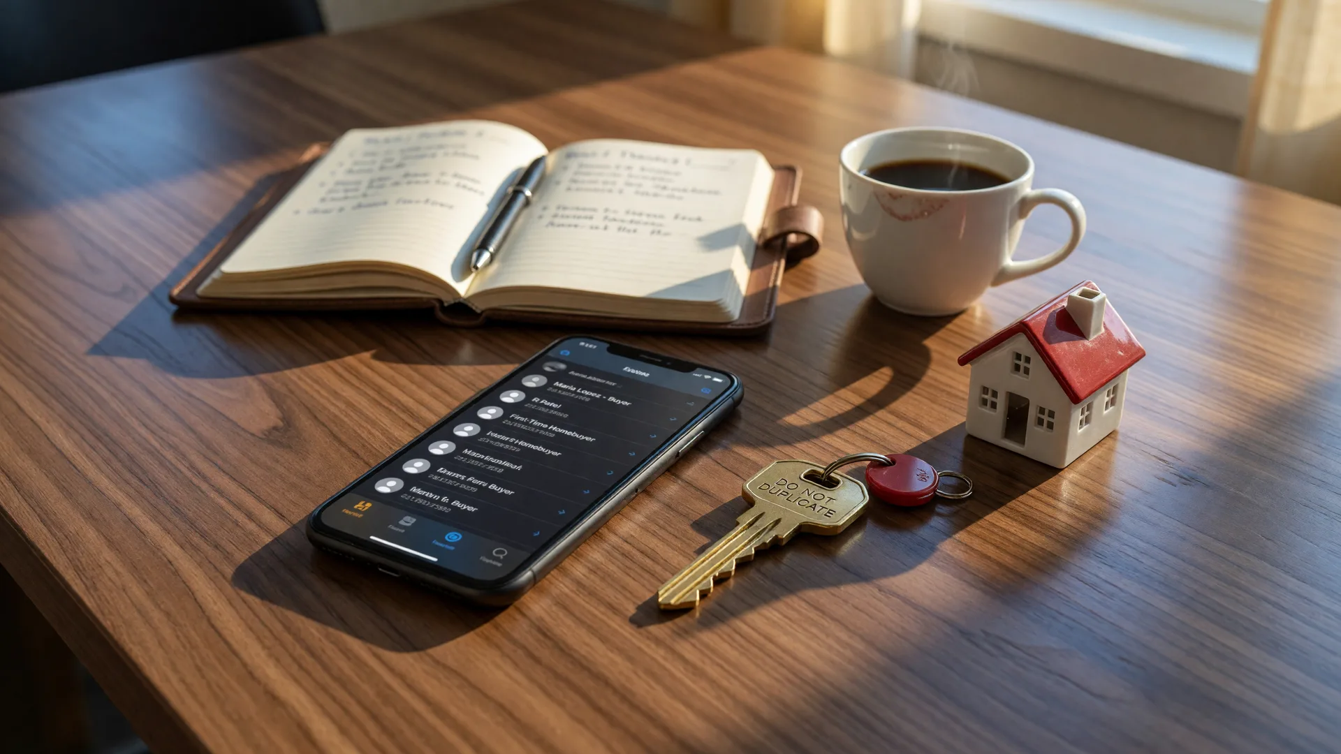 A smartphone with a softly blurred contact list on its screen on a wooden conference table beside a brass house key, a white porcelain model home, and an open leather notebook, in warm morning light