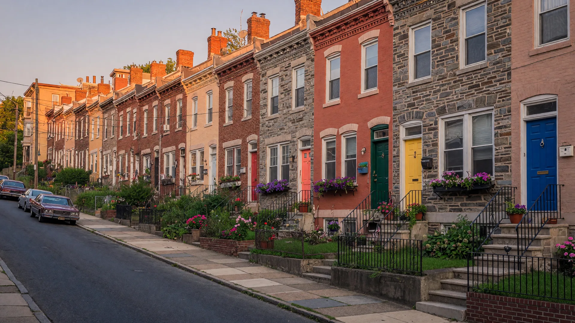 Historic Philadelphia rowhomes on a hillside street in Manayunk