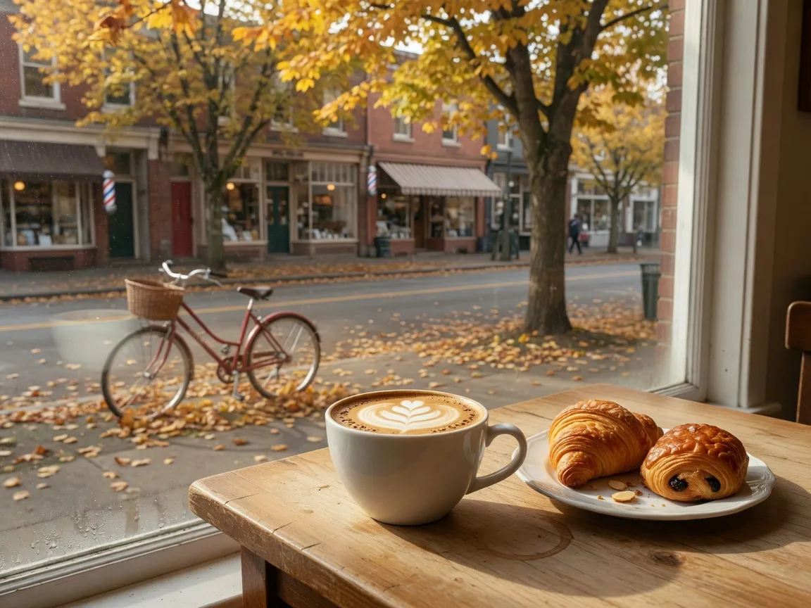 A latte and pastries on a cafe table with Moorestown's tree-lined Main Street in autumn through the window