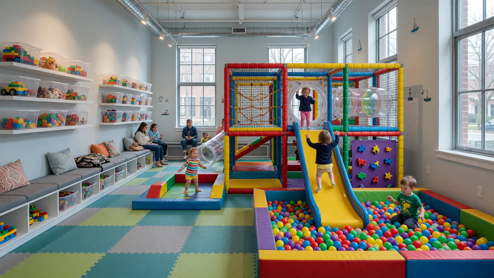 Bright interior of Scramble Indoor Play, a family-friendly indoor playground in Alexandria, Virginia with colorful climbing structures, slides, and ball pits under large windows on a sunny morning