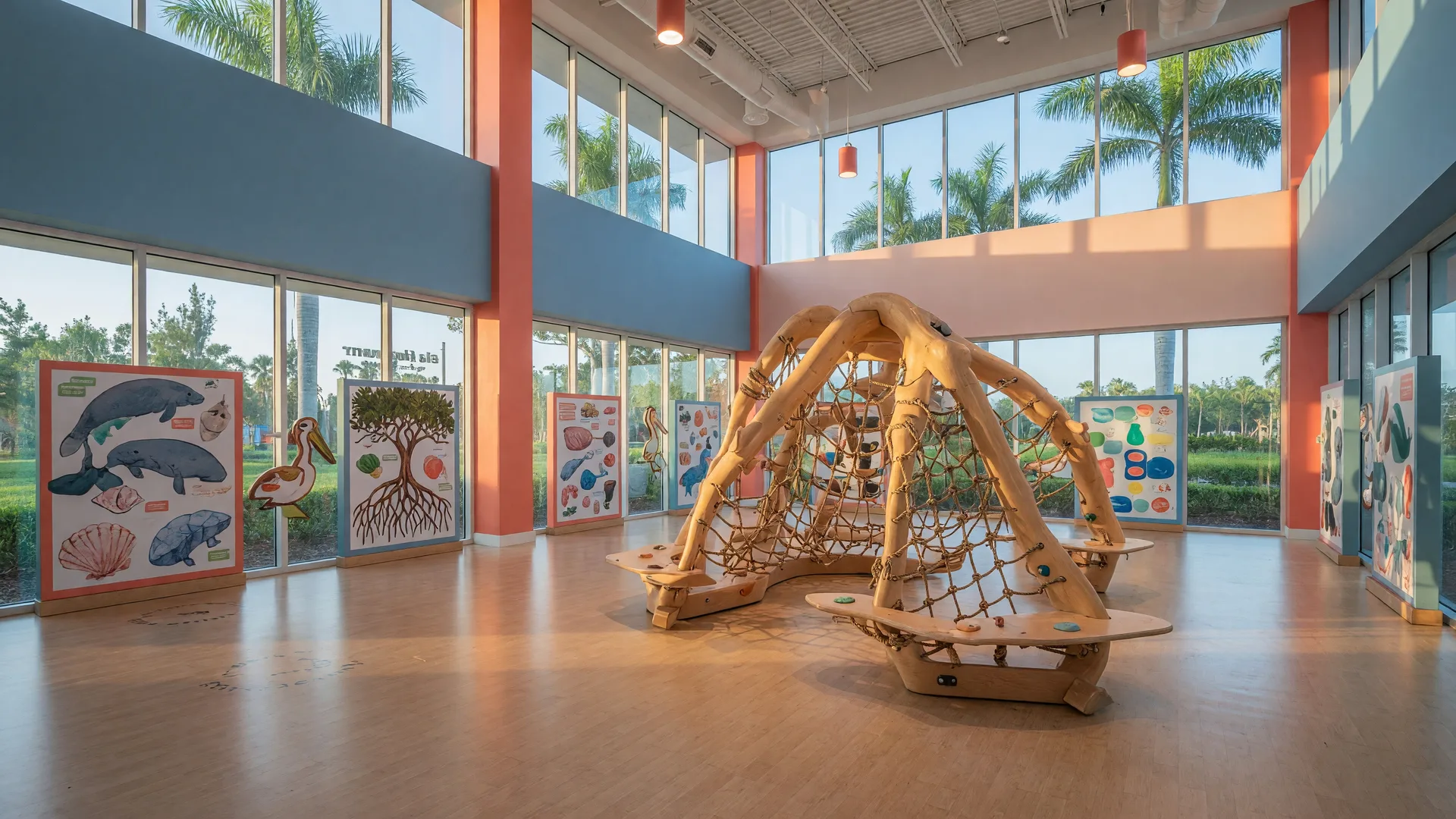 Bright modern children's museum lobby in Naples, Florida with floor-to-ceiling windows, an oversized wood and rope climbing sculpture, and palm trees visible through the glass