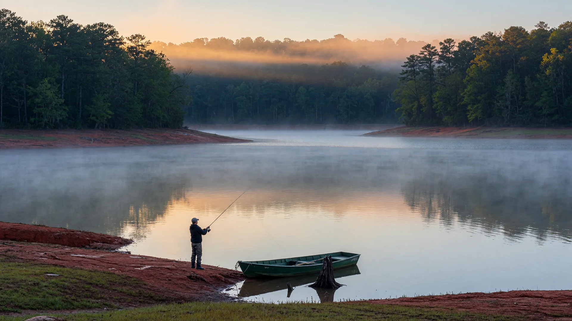 A distant angler casting a rod from a grassy bank of a calm Southern reservoir at dawn, mist lying across flat water with red clay shoreline and forest in the background