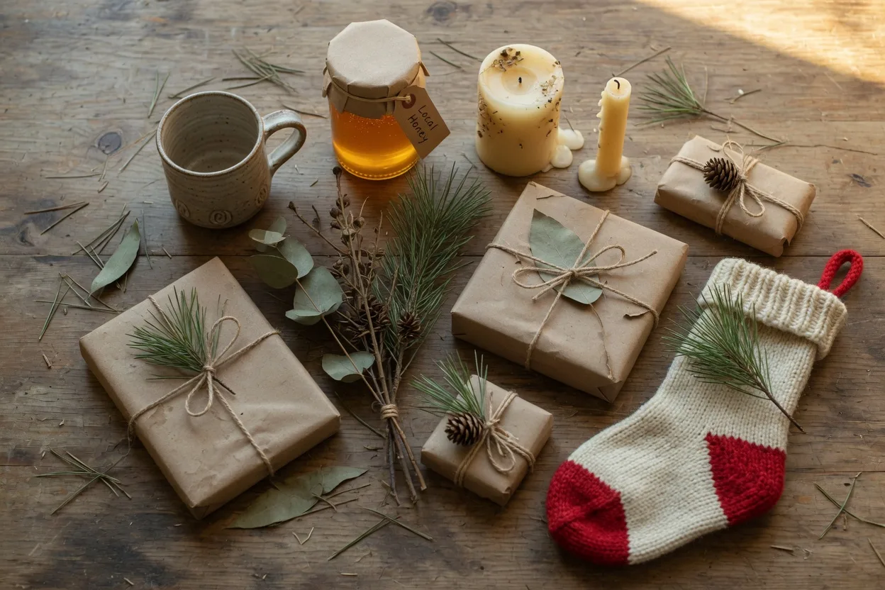 Handmade holiday gifts on a rustic table including a pottery mug, candles, honey jar, and wrapped kraft-paper packages