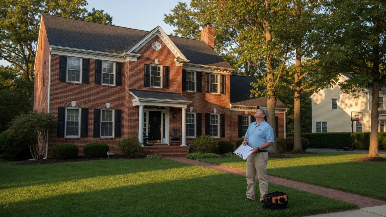 A well-maintained brick colonial home in a Maryland suburb with a home inspector checking the roofline during a probate home inspection on a sunny afternoon