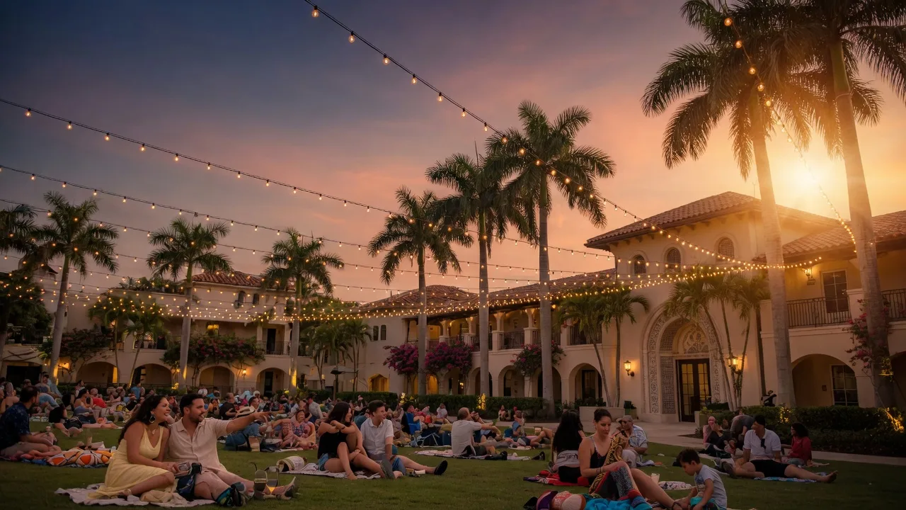 Mizner Park Amphitheater in Boca Raton on a summer evening with string lights, concertgoers on the lawn, and Mediterranean architecture