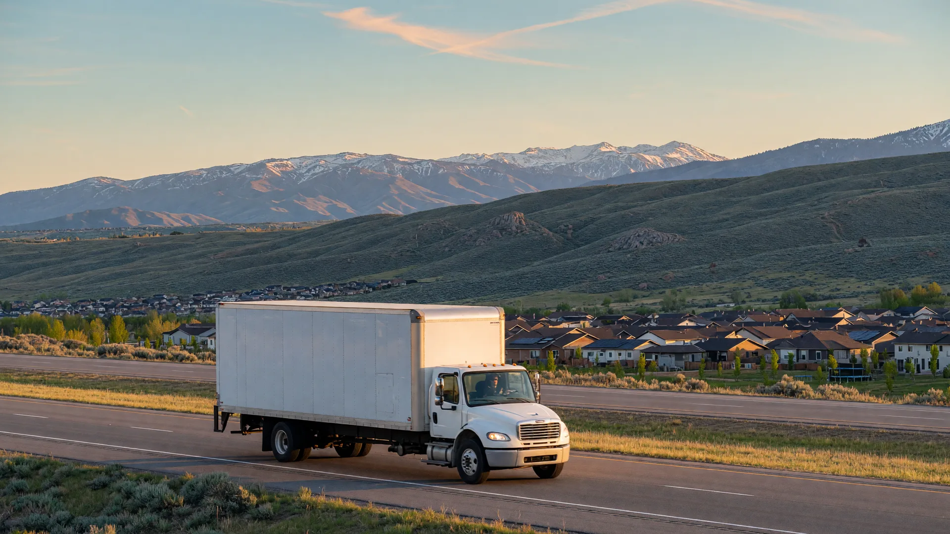 Illustrative image of a moving truck driving toward the Boise area with sagebrush foothills and mountain views