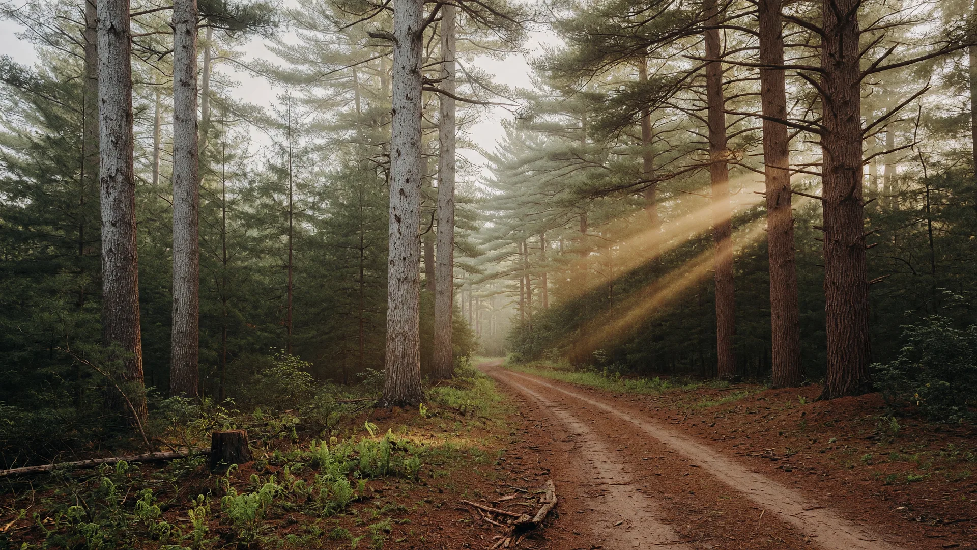 Tall old-growth white pine forest in Minnesota with shafts of golden light cutting through the canopy