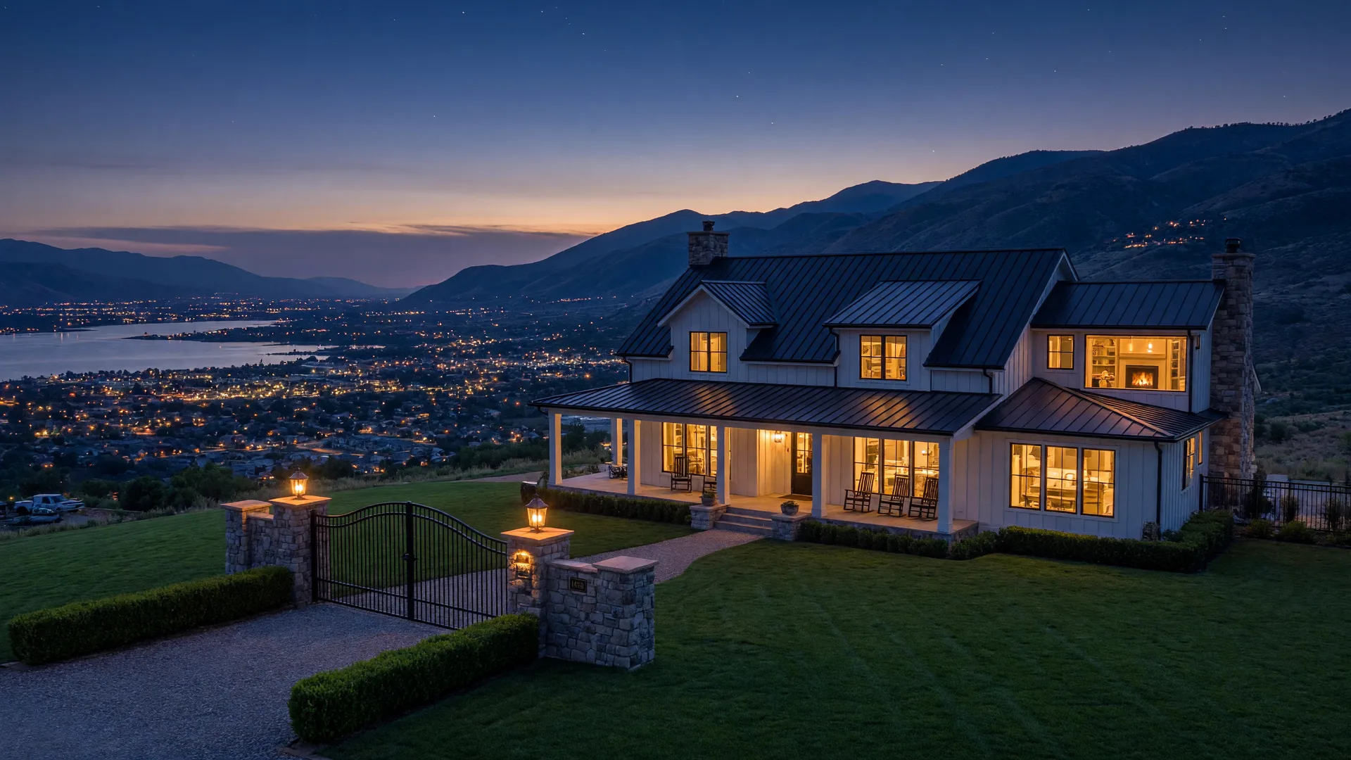 Modern farmhouse estate on the east bench of Highland, Utah at dusk with Utah Valley lights below