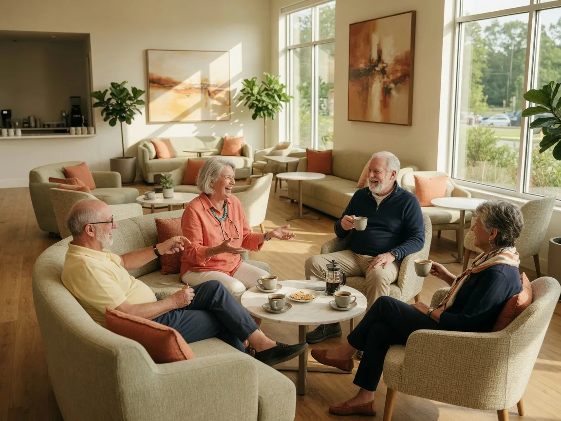 Active adults enjoying conversation in a bright community clubhouse