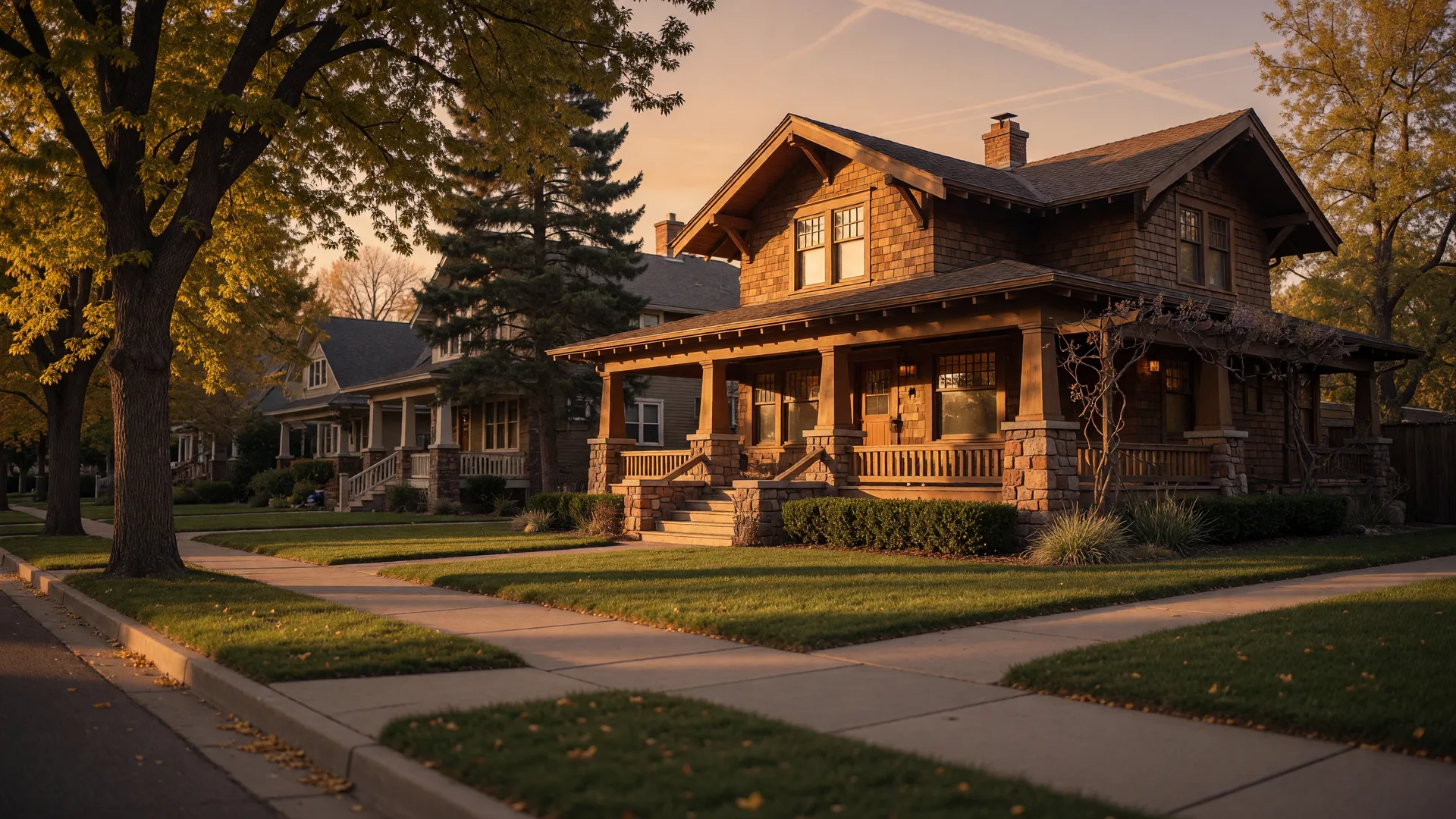 A craftsman-style Colorado Springs home on a tree-lined street at golden hour,warm porch light glowing