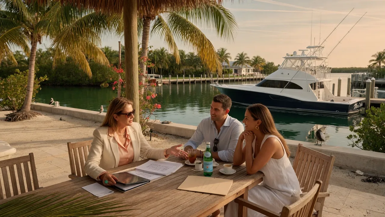 Luxury real estate buyer meeting with an agent overlooking a deep-water canal with a sportfishing yacht