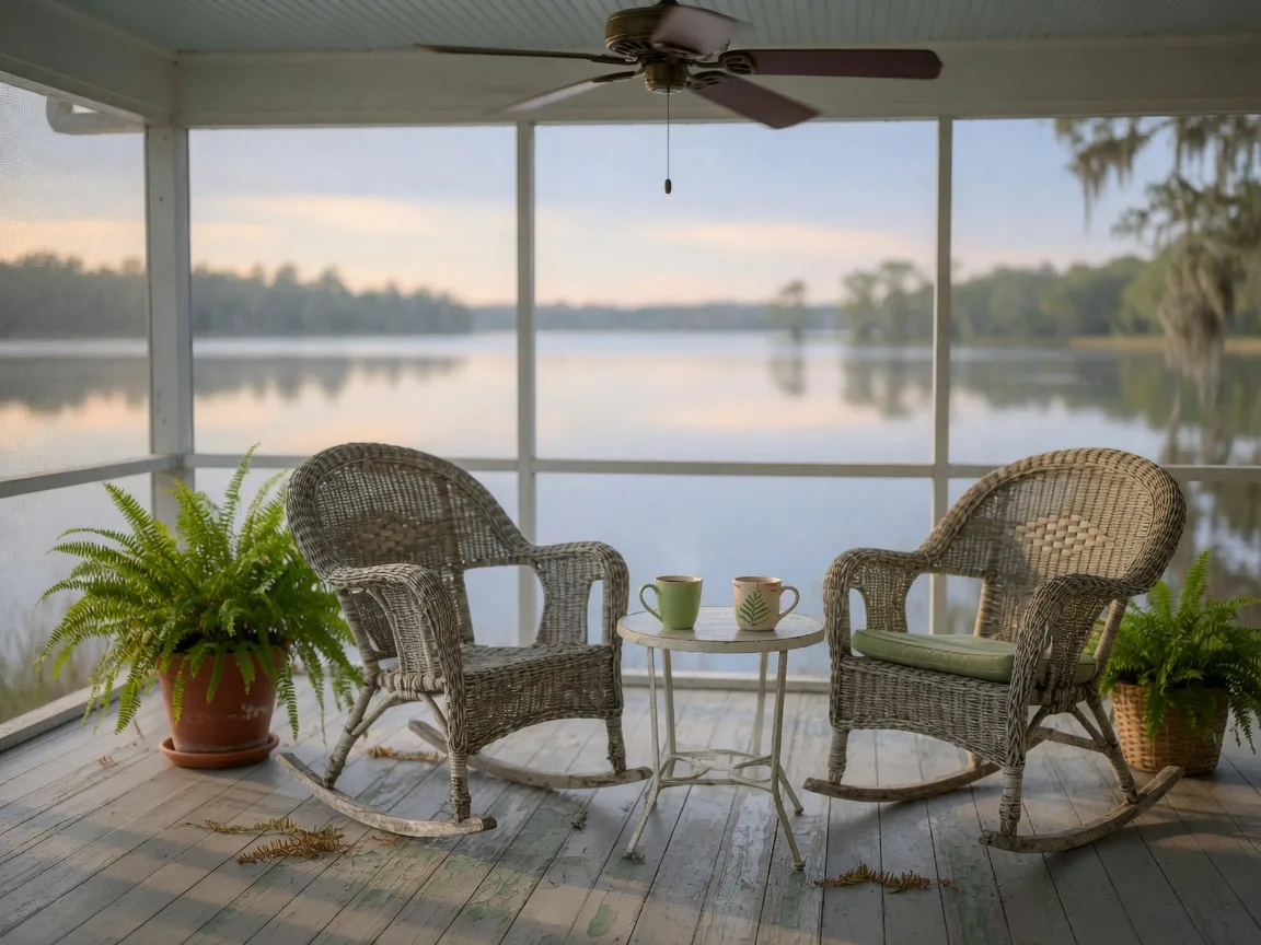Two wicker rocking chairs on a screened Florida porch with a lake glinting in the distance