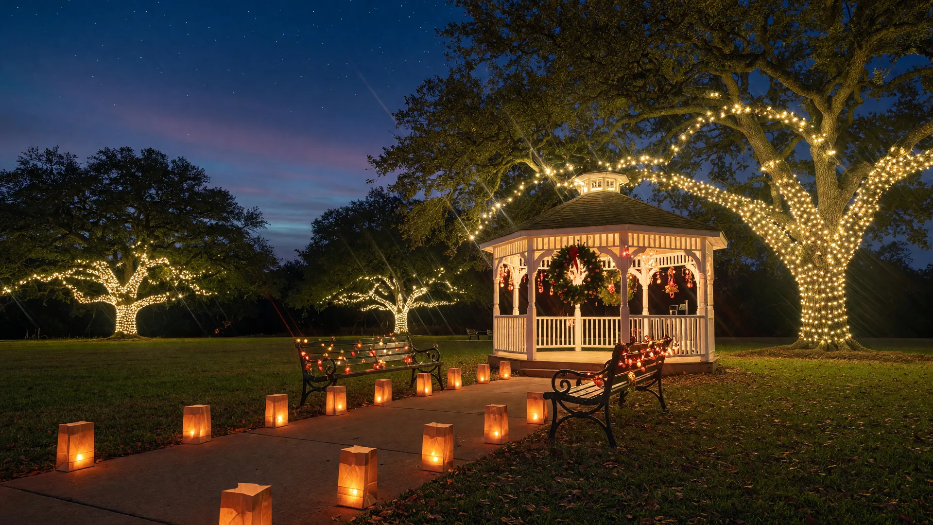 A small Texas town park decorated for Christmas at dusk with glowing string lights on oak trees, a lit gazebo with a wreath, and a luminaria-lined path