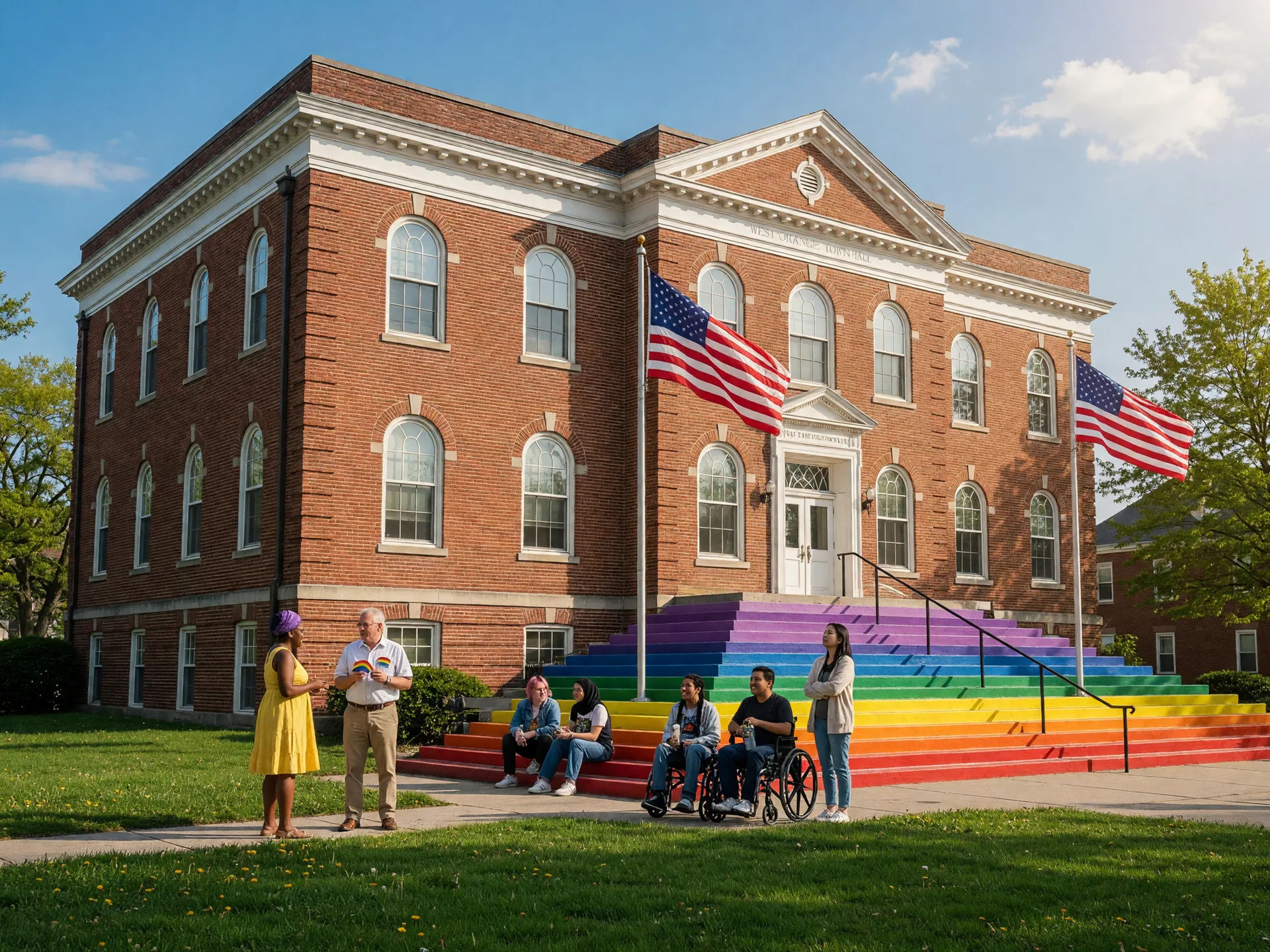 West Orange Town Hall with its brick facade, green lawn, and the front steps where the painted Pride flag had been displayed since 2022