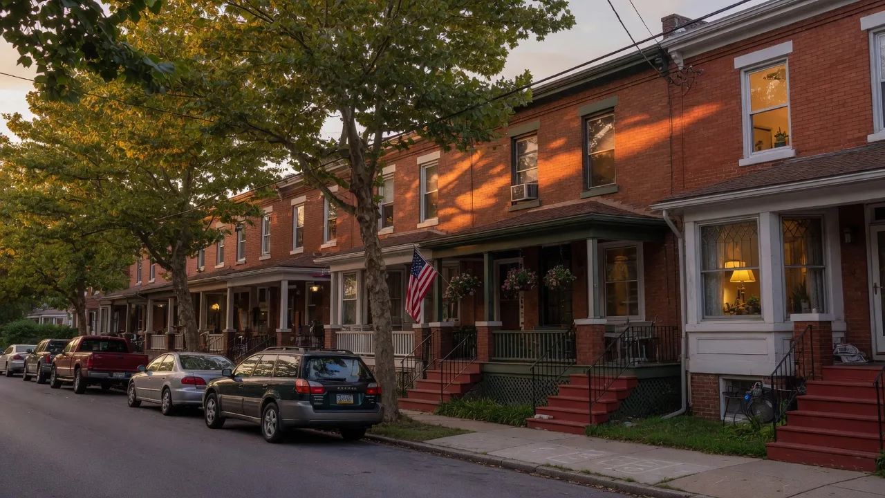 Quiet residential street in Clifton Heights, Pennsylvania with brick twin homes, covered front porches, and mature trees in warm September evening light