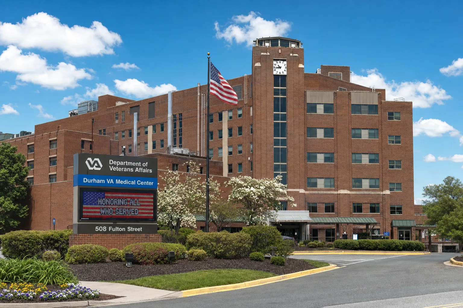 Durham VA Medical Center hospital building on Fulton Street near Duke
