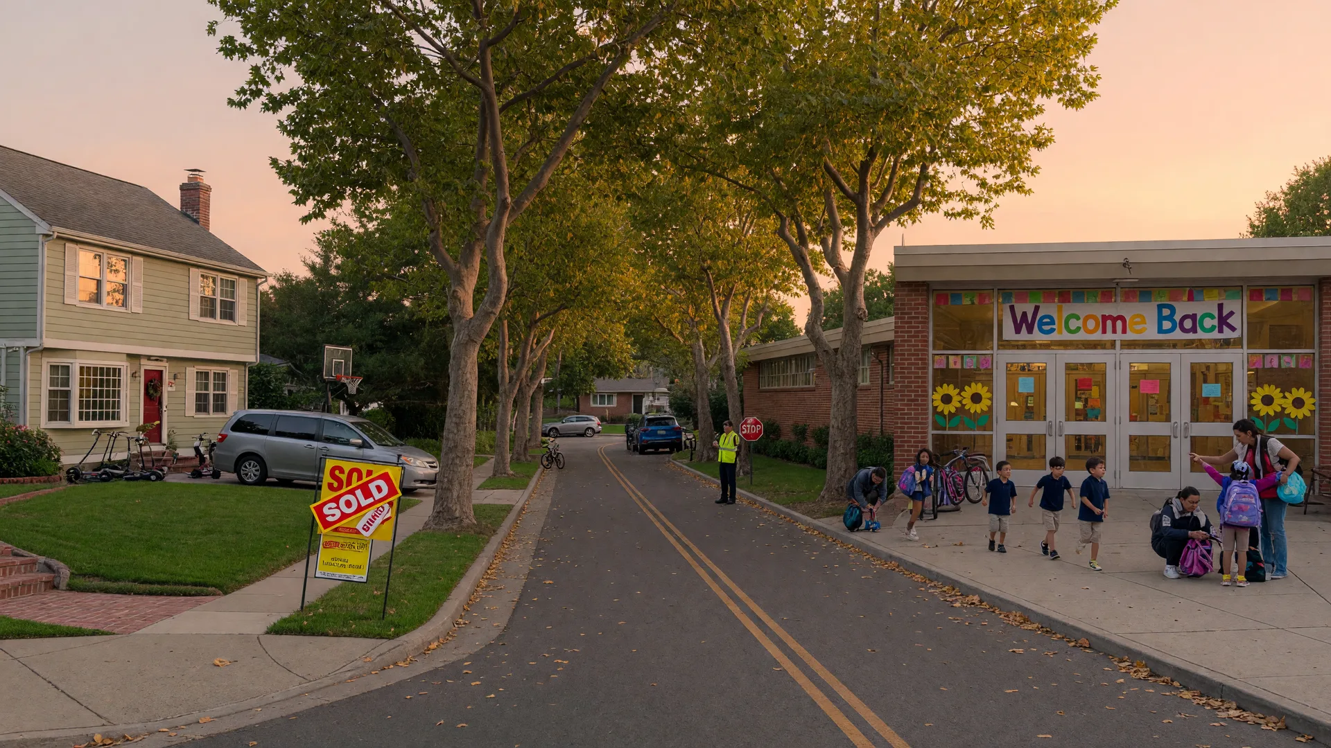 Split composition showing a suburban home with a sold sign on one side and a welcoming school entrance with children on the other, connected by a tree-lined street