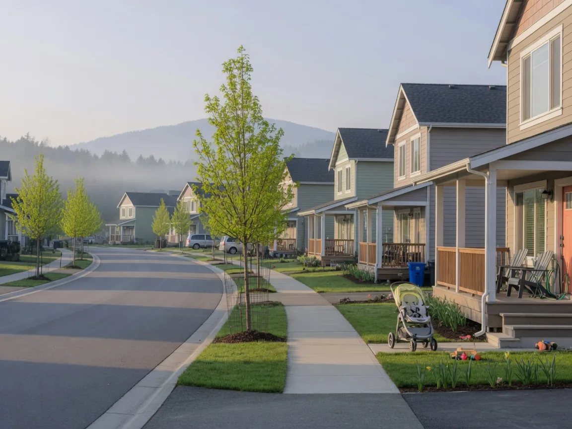 A quiet family street in a newer West Shore suburb near Victoria BC, with tidy modern homes, young street trees, and a stroller by a front walk