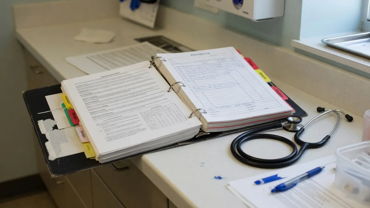 Dental office compliance binder open on a counter showing exposure control documents with a stethoscope nearby