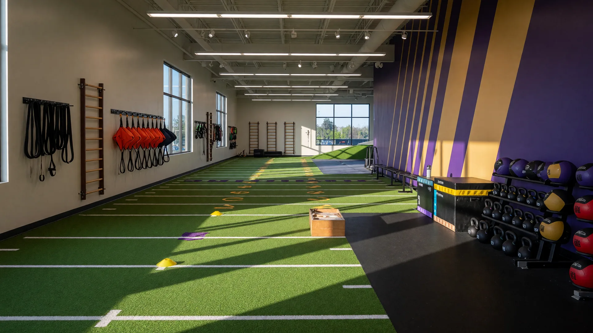 Interior of a modern youth athletic training facility with turf agility lanes and wall-mounted speed training equipment, lit by natural daylight