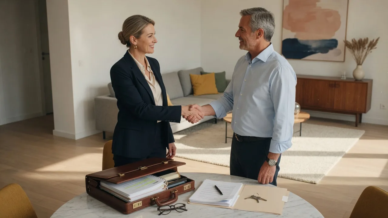 Handshake between a real estate agent and home seller in a bright modern living room