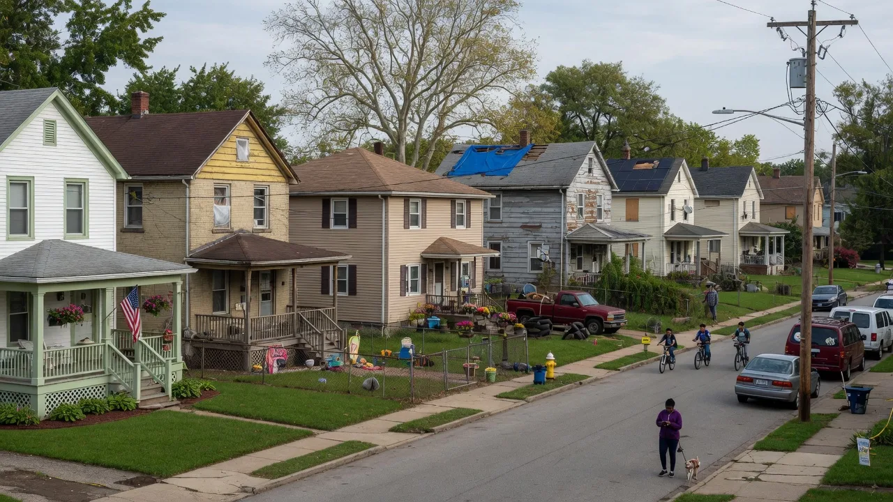 A residential street in Northeast Ohio with homes in a variety of conditions under soft daylight