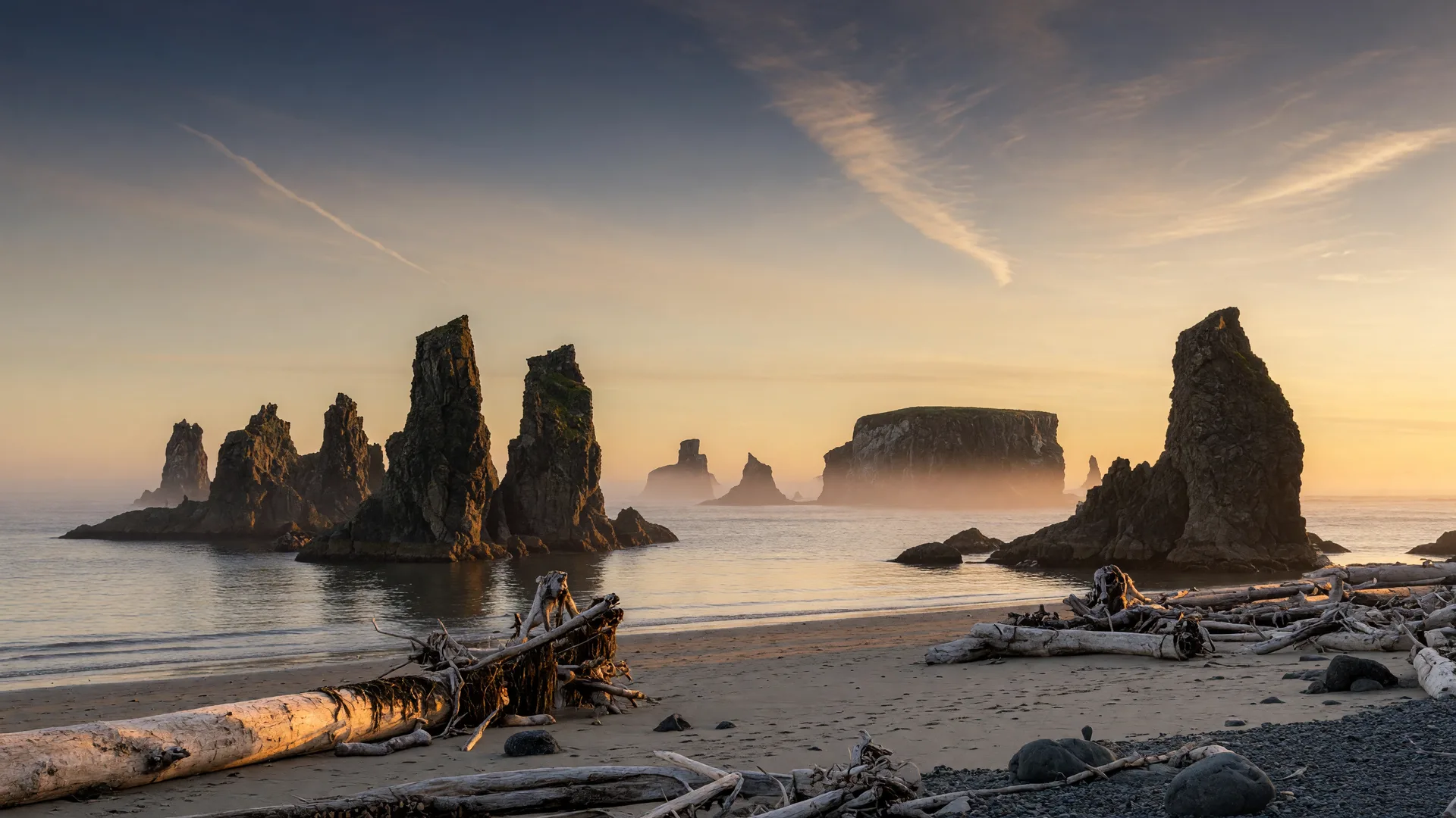 Basalt sea stacks along the Oregon Coast at golden hour, with driftwood logs on a wide sandy beach