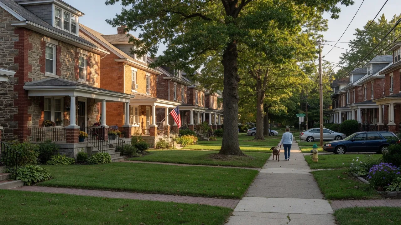 Tree-lined residential street in Yeadon, PA with classic stone and brick twin homes