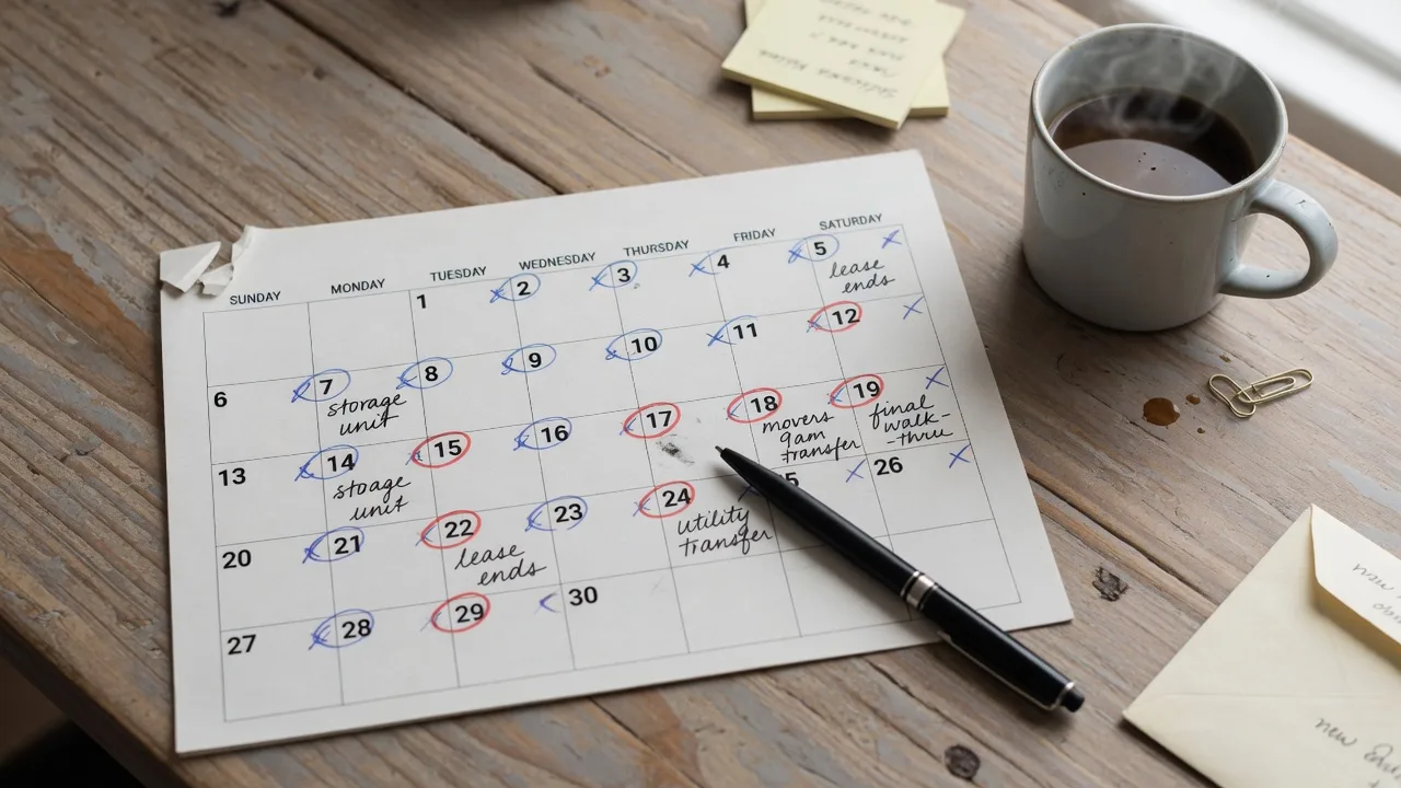 Monthly calendar with a pen marking important dates on a wooden desk in natural light