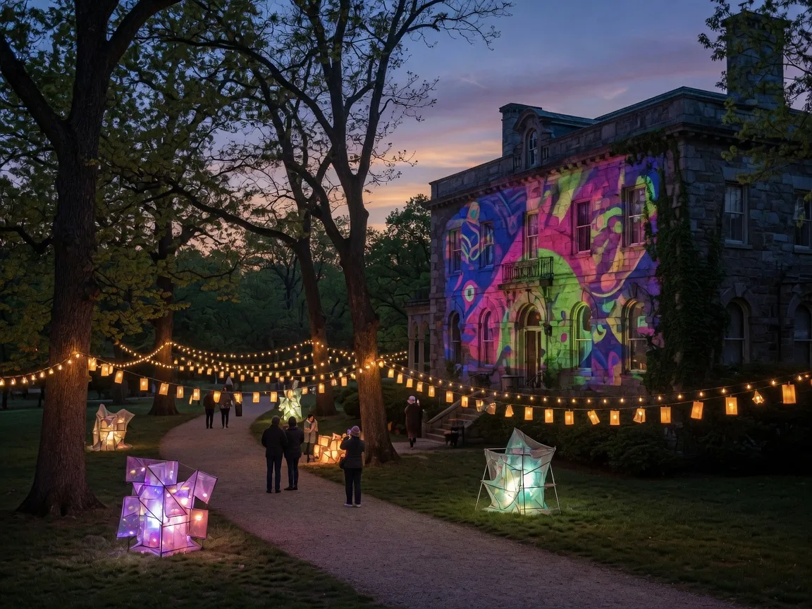 Glowing light installations and a colorful projection on a stone mansion facade at a nighttime arts festival in a historic park