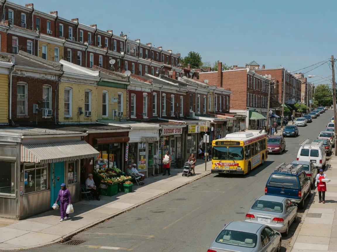 Ridge Avenue in Roxborough with independent shops, a diner, and grocery stores and brick rowhomes rising on the hillside