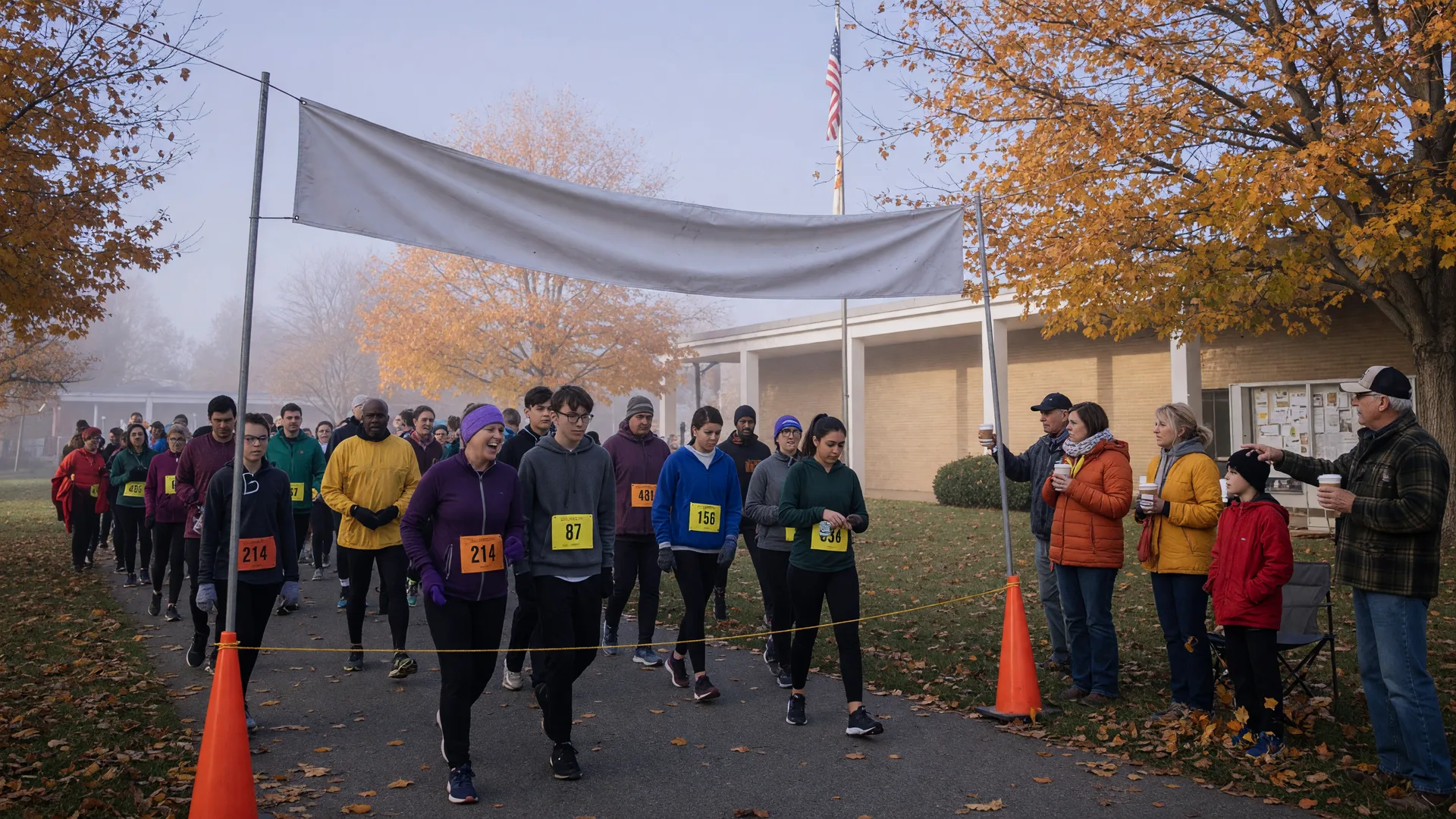 Runners gathered at the start line of a small-town Thanksgiving morning 5K beside a civic center with fall foliage