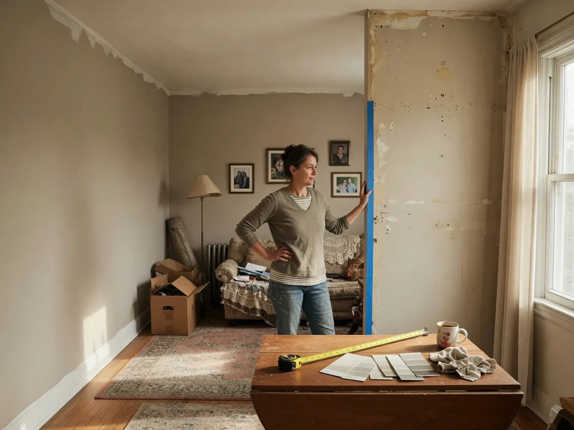 A living room with a freshly painted wall beside an unfinished section, a tape measure and paint swatches on the table