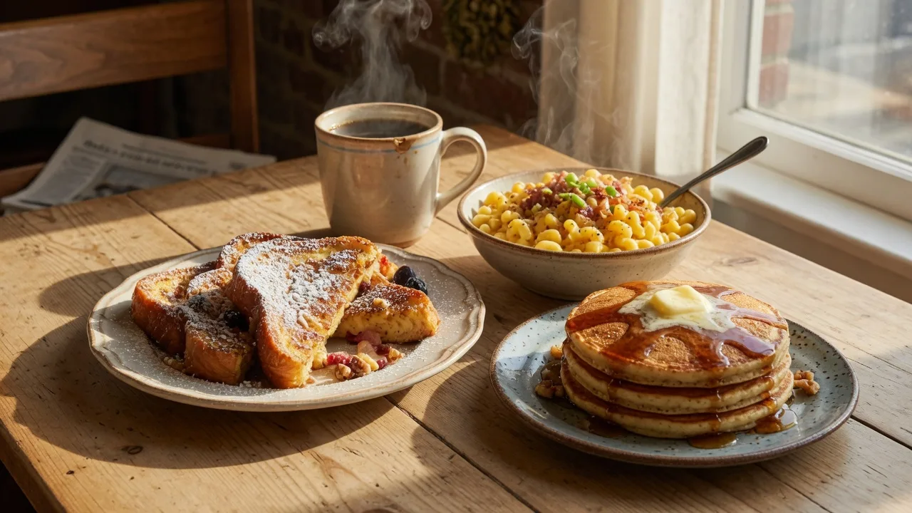 Weekend brunch spread at a cozy neighborhood cafe in Bethlehem with croissant french toast, buckwheat pancakes, breakfast mac and cheese, and a steaming mug of coffee