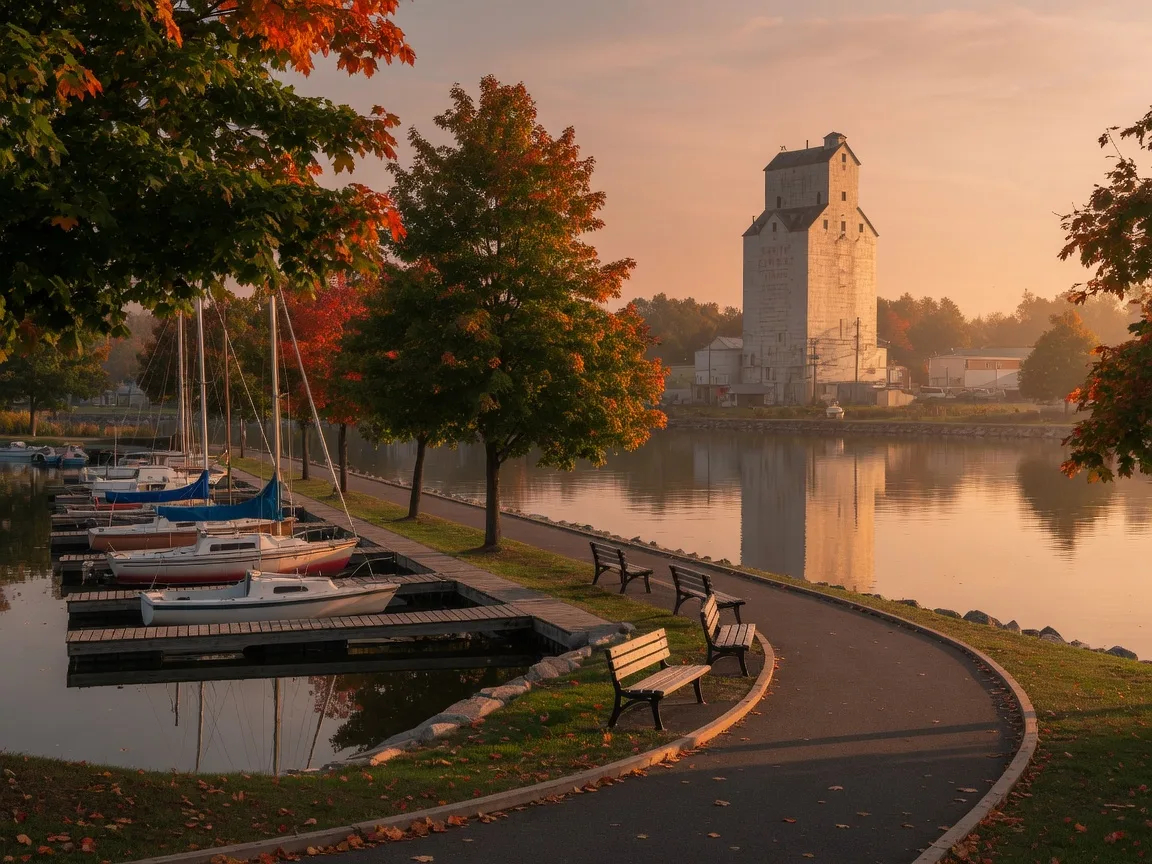 The Lake Scugog waterfront at the foot of Queen Street in Port Perry at golden hour, with a marina, a paved walking trail, wooden benches and the historic grain elevator on the far shore