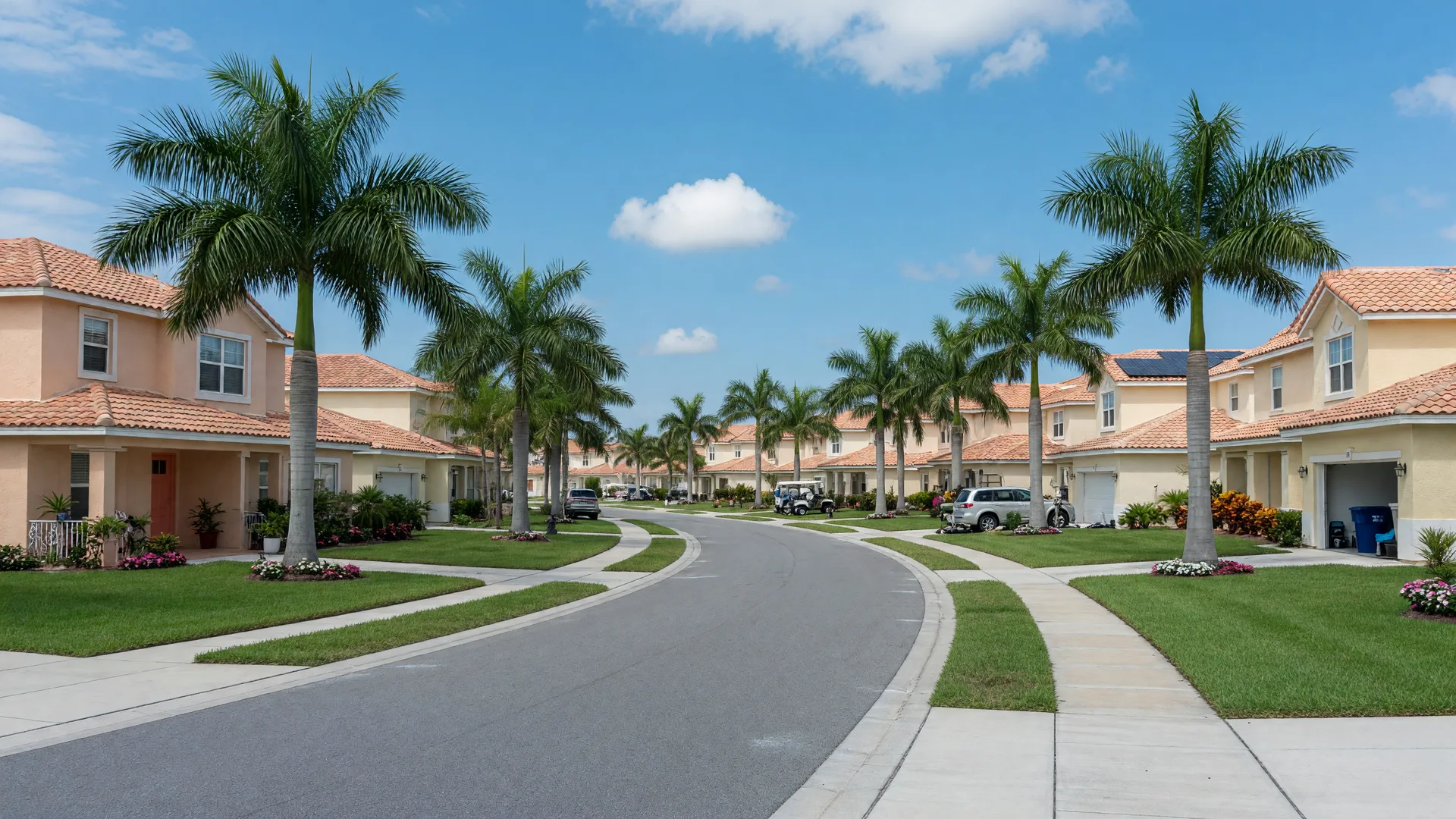 A quiet palm-lined street in a Florida Gulf Coast neighborhood with stucco homes, green lawns, and a bright blue sky
