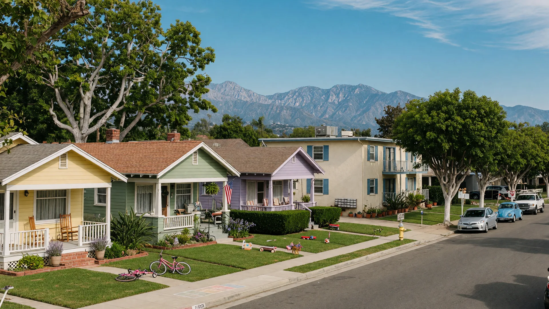 A tree-lined Pasadena street with painted bungalows and the San Gabriel Mountains in the background