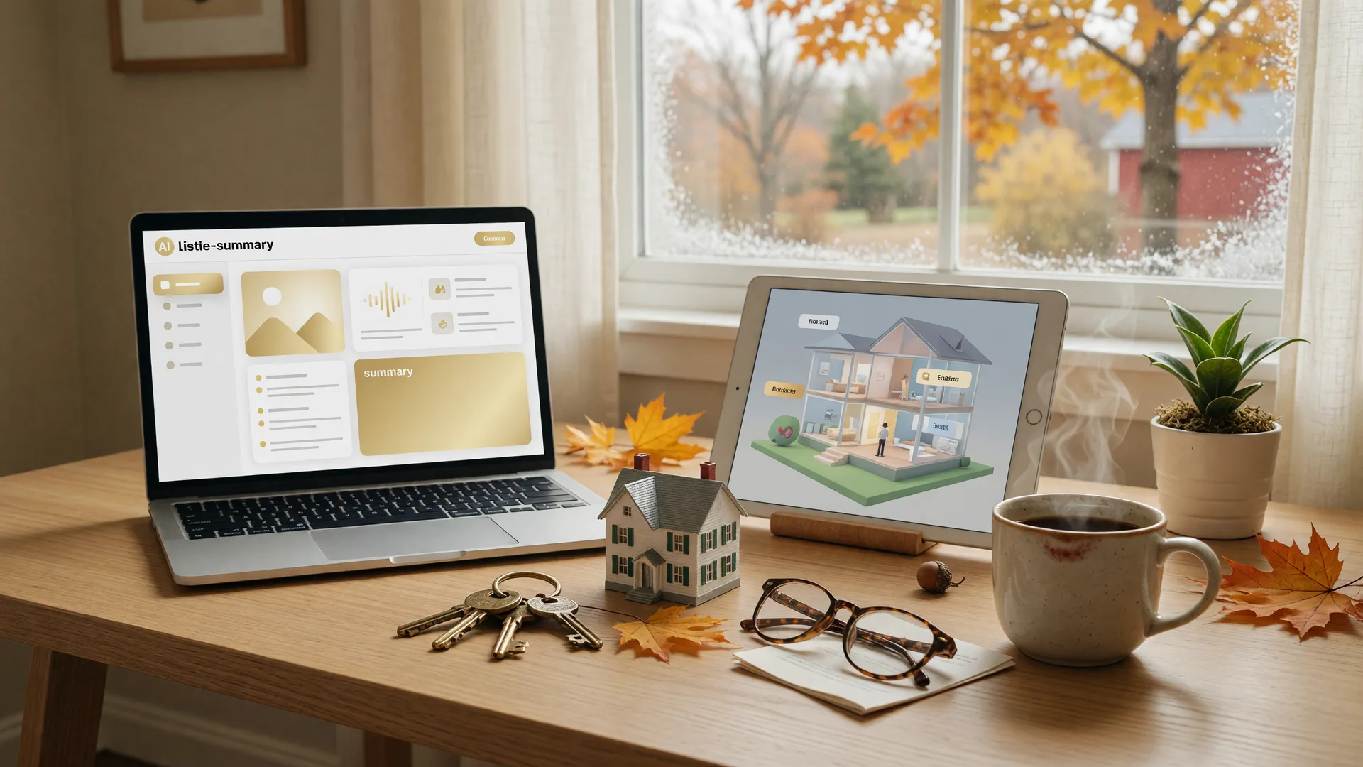 A bright home-search workspace with an open laptop showing an AI listing interface, a tablet with a virtual 3D home tour, a model house, keys, and reading glasses on a light oak desk in warm morning light