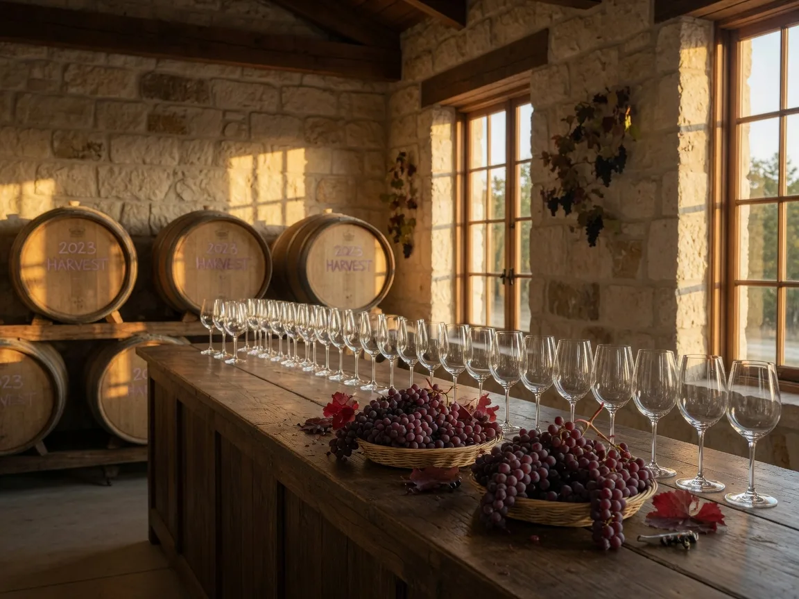 A Texas Hill Country winery tasting room in late September with a long wooden tasting bar, stemware, baskets of dark grapes, and oak barrels behind the bar