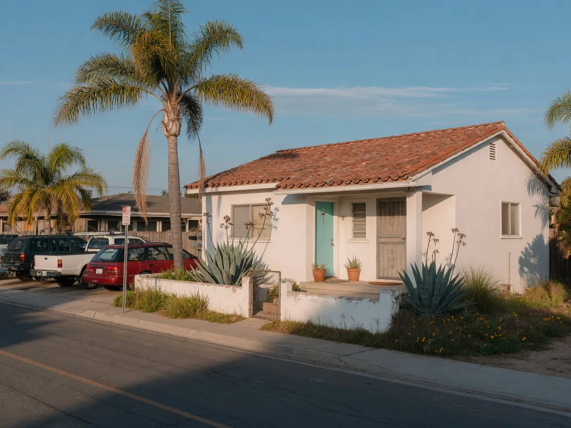 A white stucco beach house with a low-pitched roof and a palm tree in the front yard on a quiet residential street in Imperial Beach, California