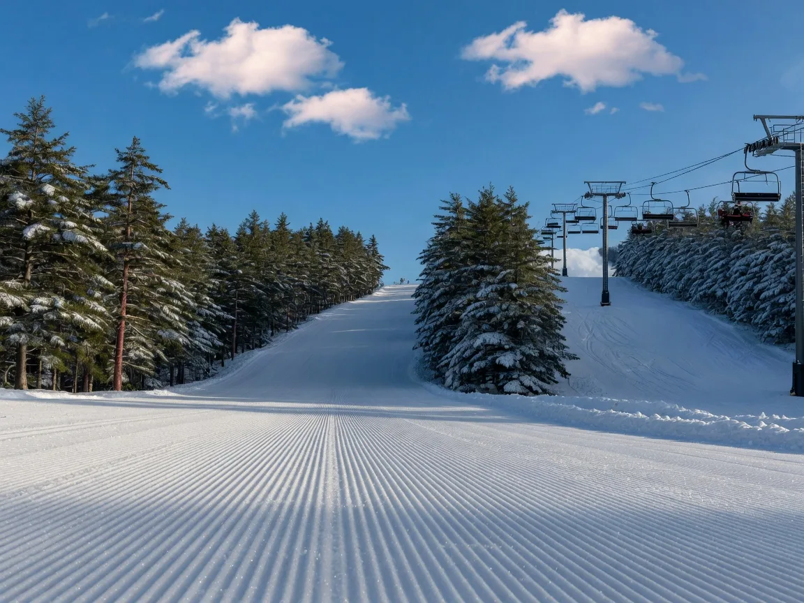 A groomed ski run at a High Country resort with a chairlift rising beside it