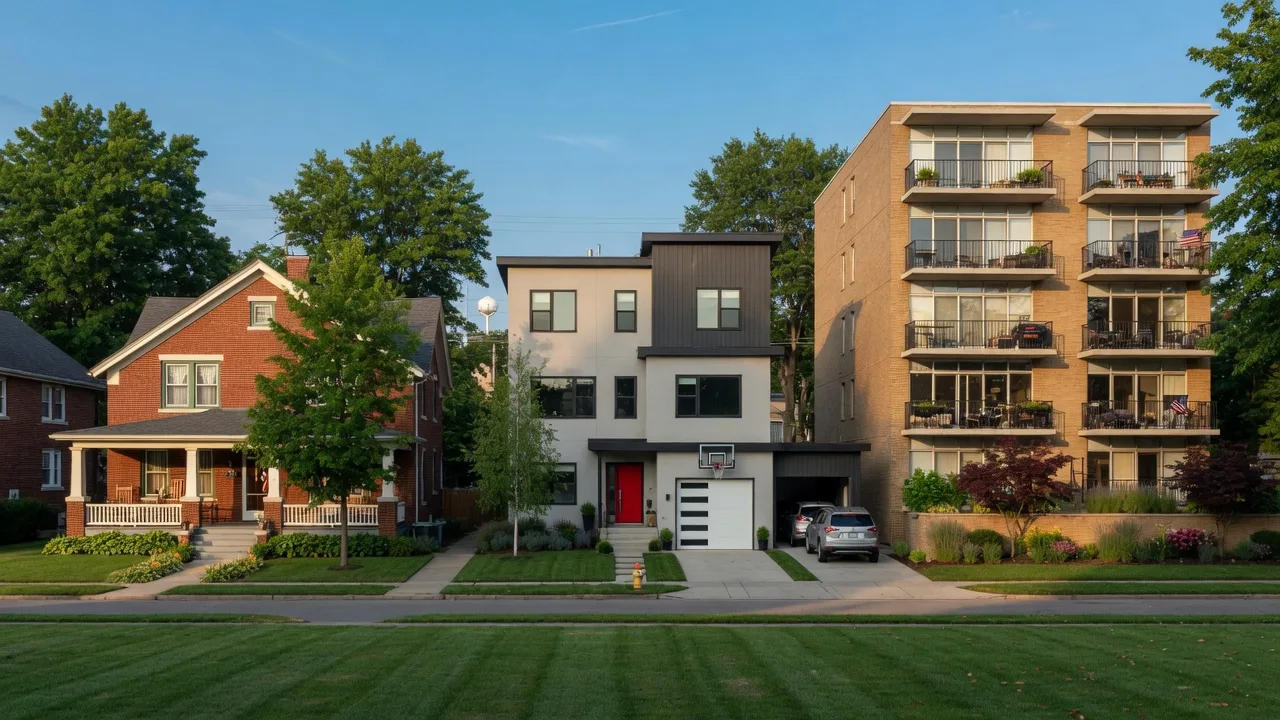Three distinct home types in Dayton Ohio side by side: a classic brick bungalow single-family home, a modern townhome with attached garage, and a mid-rise condo building with balconies under a clear summer sky