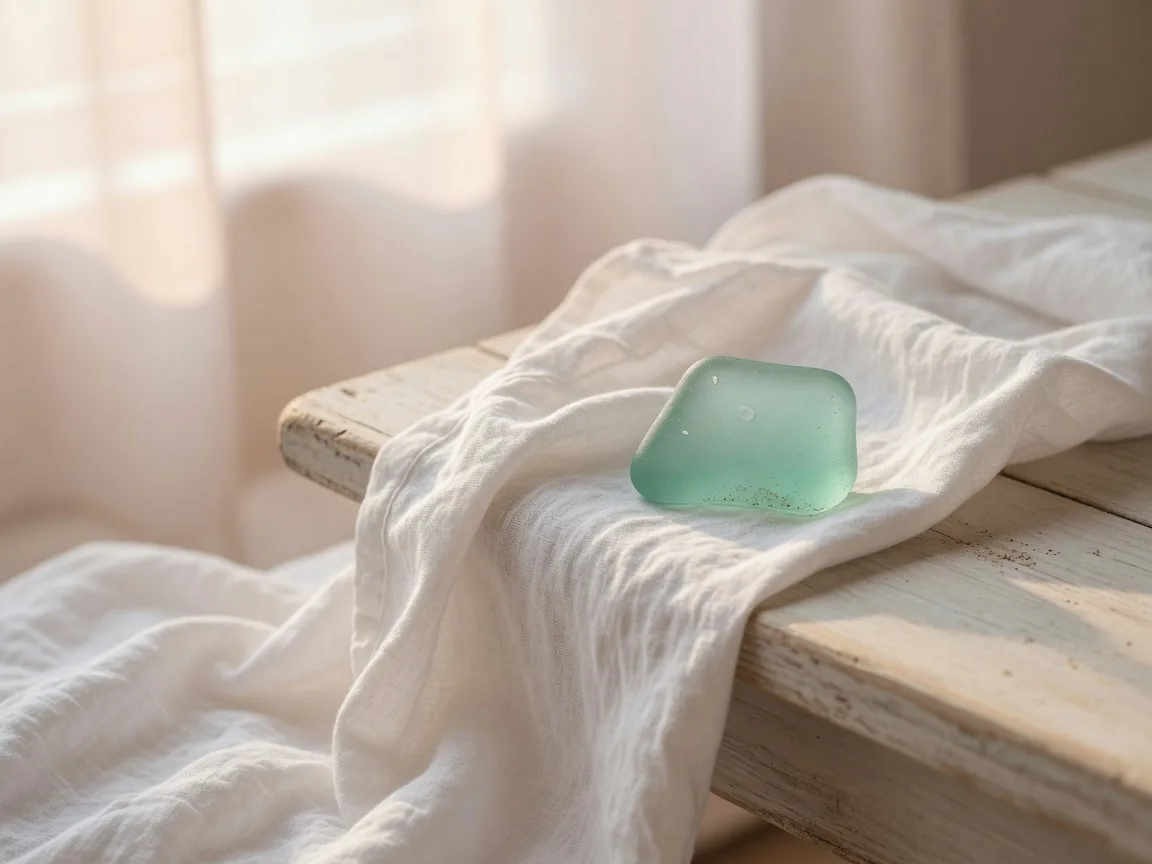 White linen and a single piece of sea glass, the simplicity downsizing can bring