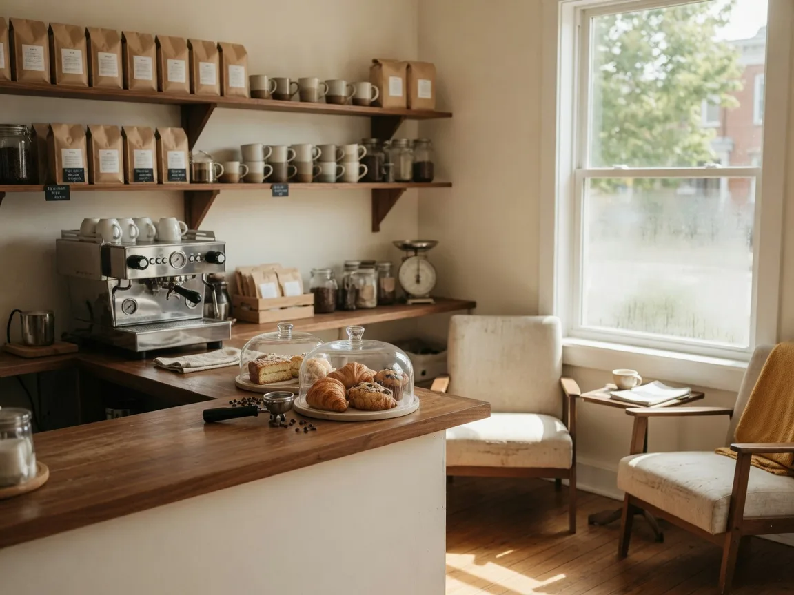 A warm neighbourhood coffee shop with a wooden counter, espresso machine, pastry case, and armchairs by a bright window, evoking Canter Coffee in Cannington