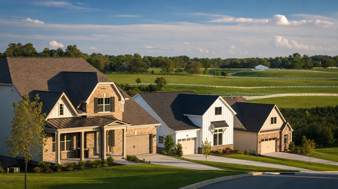 New construction farmhouse and craftsman homes in Georgetown, Kentucky's Bluegrass horse country with rolling green pastures and limestone fences