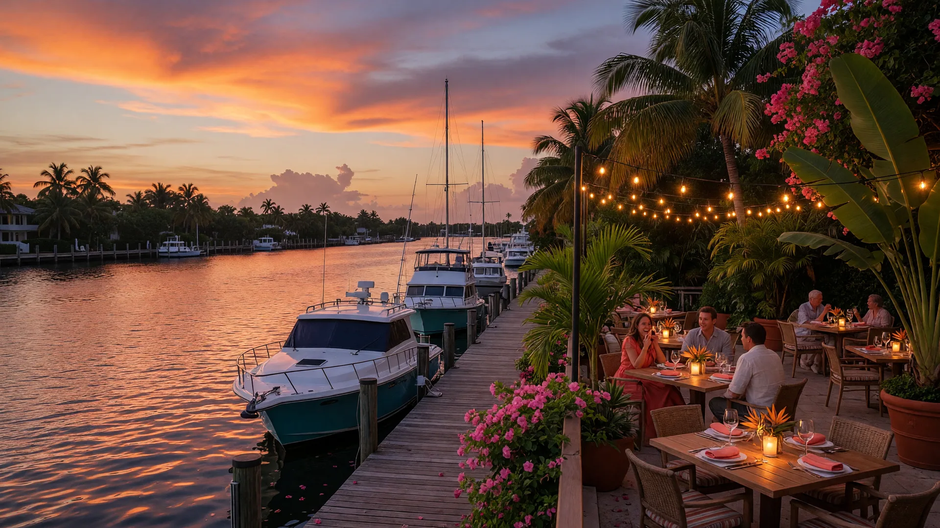 Waterfront dining on the Intracoastal Waterway in Boca Raton at sunset with string lights and docked boats
