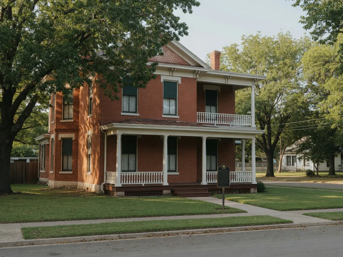The two-story early-1900s brick Briscoe-Garner Museum in Uvalde, Texas with a wide front porch, shaded windows, and a live oak in front