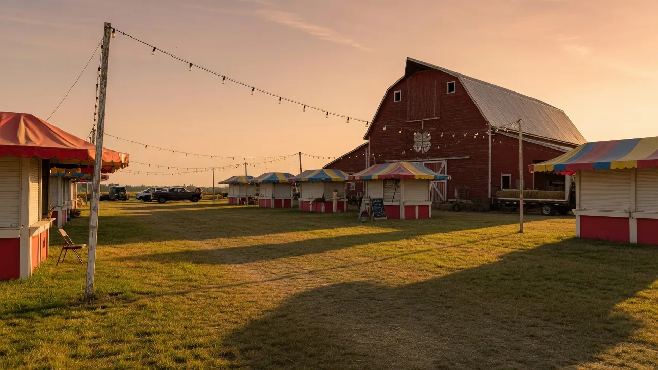 The Saanich Fairgrounds in Saanichton BC on a late summer evening with a classic wooden barn and empty midway